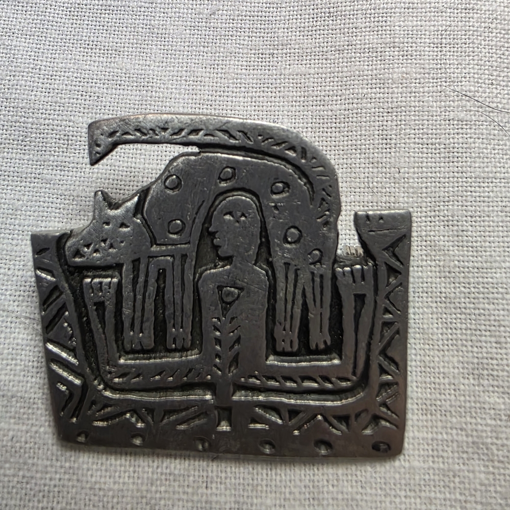 Vintage Pewter Alice Seely "Urban Fetish" Abstract Cat Native Design Brooch